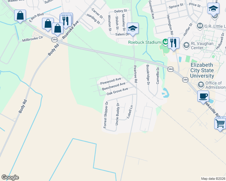 map of restaurants, bars, coffee shops, grocery stores, and more near 217 Oak Grove Avenue in Elizabeth City