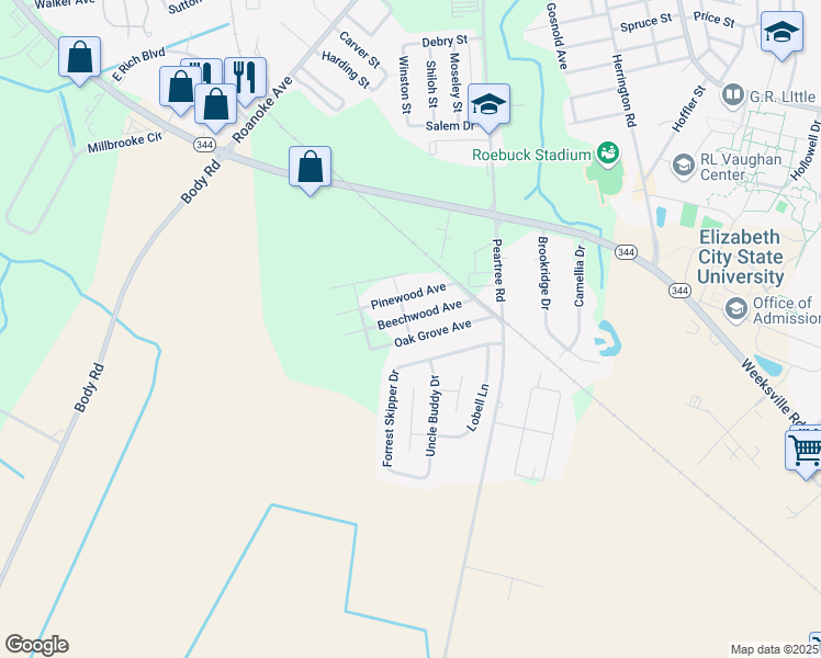 map of restaurants, bars, coffee shops, grocery stores, and more near 214 Oak Grove Avenue in Elizabeth City