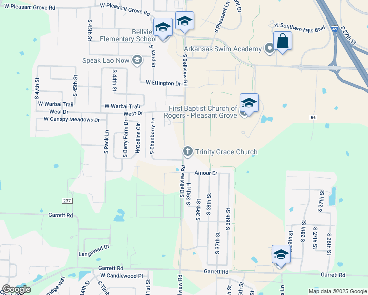 map of restaurants, bars, coffee shops, grocery stores, and more near 1319-1499 Bellview St in Rogers