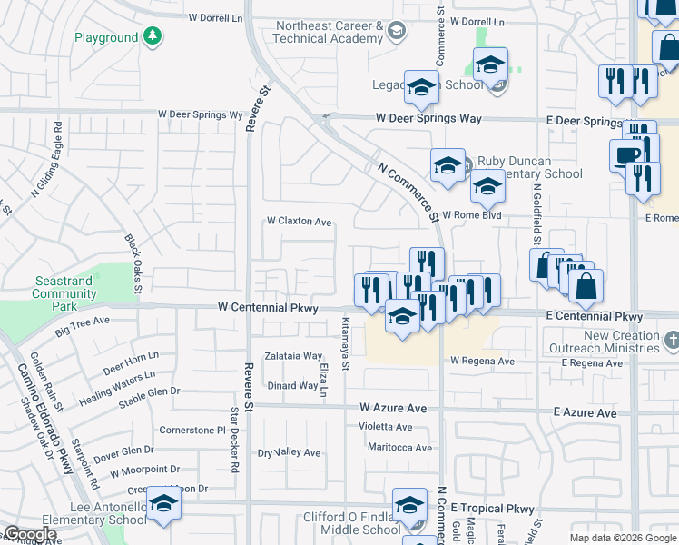 map of restaurants, bars, coffee shops, grocery stores, and more near 6436 North Point Break Street in North Las Vegas