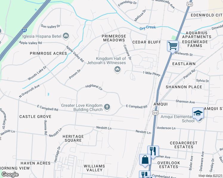 map of restaurants, bars, coffee shops, grocery stores, and more near 1037 Highland Circle in Nashville