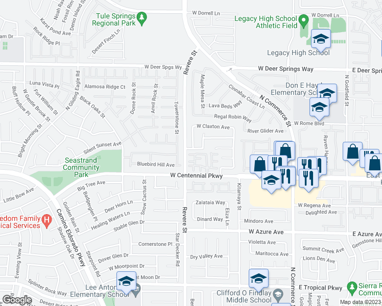 map of restaurants, bars, coffee shops, grocery stores, and more near 736 Piercey Court in North Las Vegas