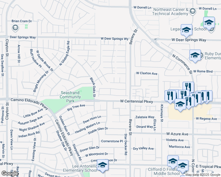 map of restaurants, bars, coffee shops, grocery stores, and more near Claystone Ridge Avenue in North Las Vegas