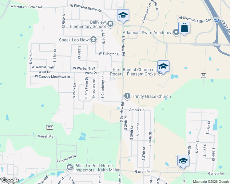 map of restaurants, bars, coffee shops, grocery stores, and more near 5745 South Chanberry Lane in Rogers