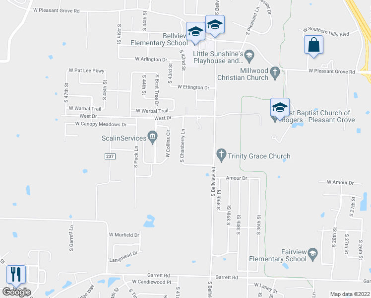 map of restaurants, bars, coffee shops, grocery stores, and more near 5721 South Chanberry Lane in Rogers
