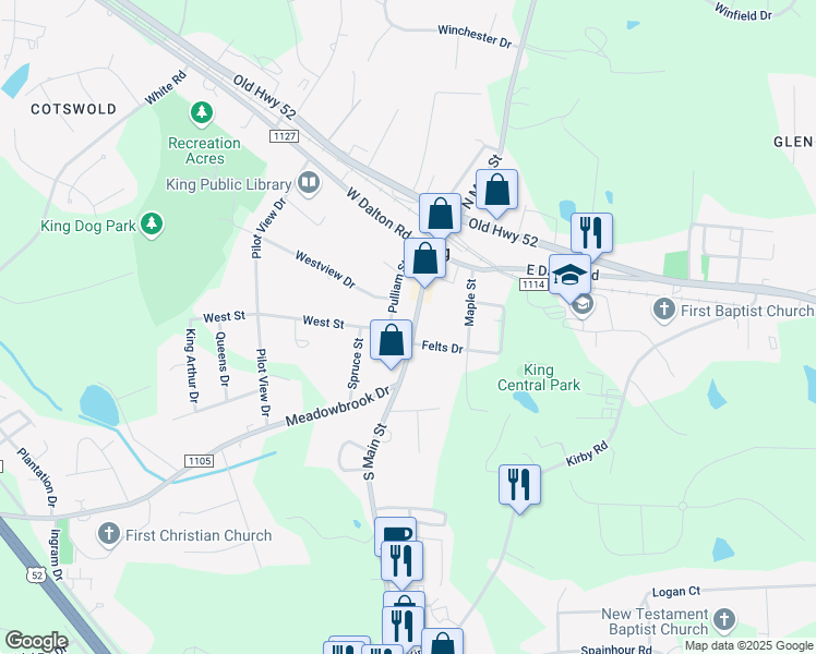 map of restaurants, bars, coffee shops, grocery stores, and more near 302 South Main Street in King