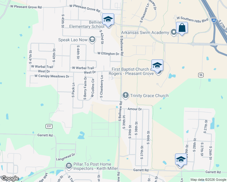map of restaurants, bars, coffee shops, grocery stores, and more near 5745 South Chanberry Lane in Rogers