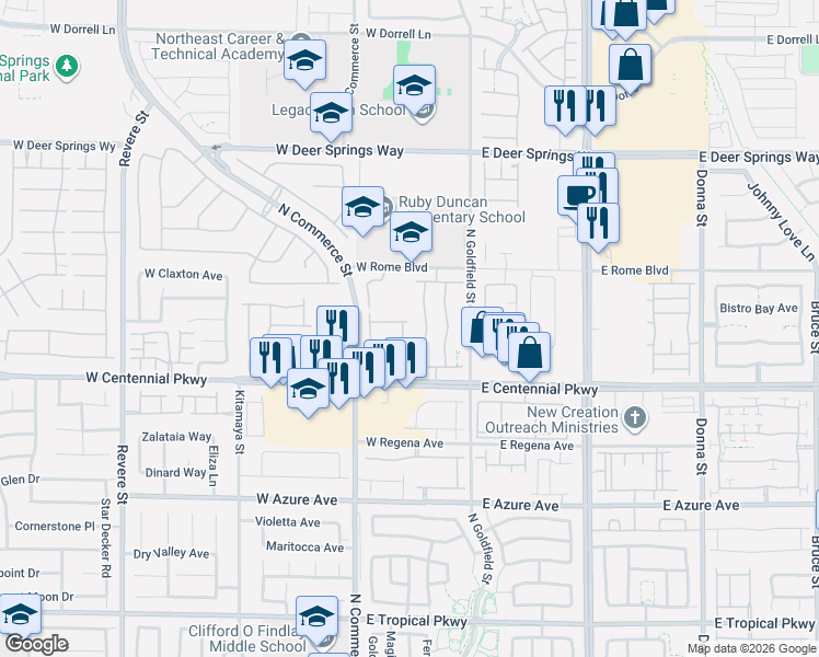 map of restaurants, bars, coffee shops, grocery stores, and more near 6441 Raven Hall Street in North Las Vegas