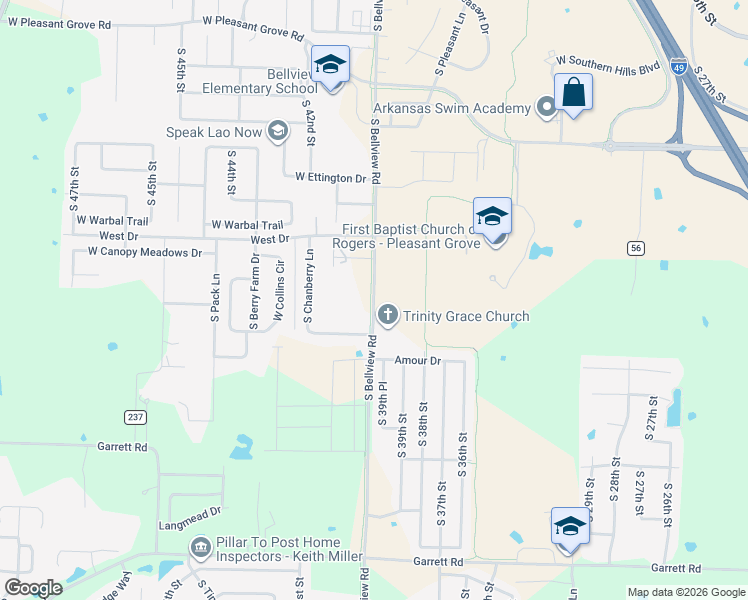 map of restaurants, bars, coffee shops, grocery stores, and more near 1319-1499 Bellview St in Rogers