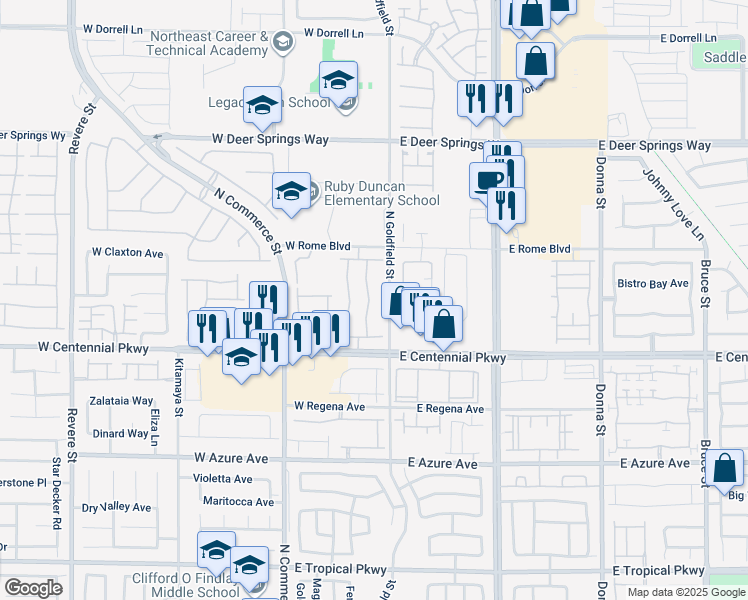 map of restaurants, bars, coffee shops, grocery stores, and more near 6476 North Butterfly Sky Street in North Las Vegas