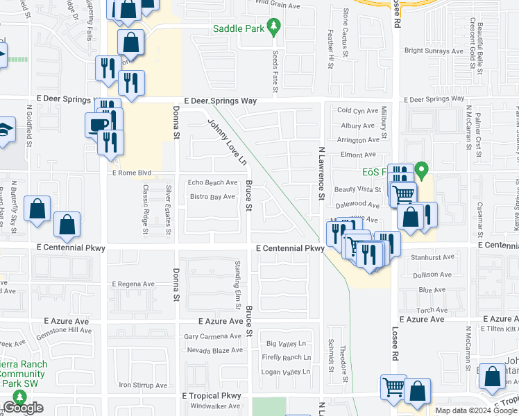 map of restaurants, bars, coffee shops, grocery stores, and more near 6457 Jonah Clarke Street in North Las Vegas