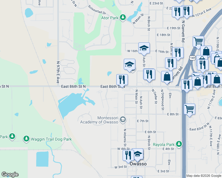 map of restaurants, bars, coffee shops, grocery stores, and more near 10101 East 86th Court North in Owasso