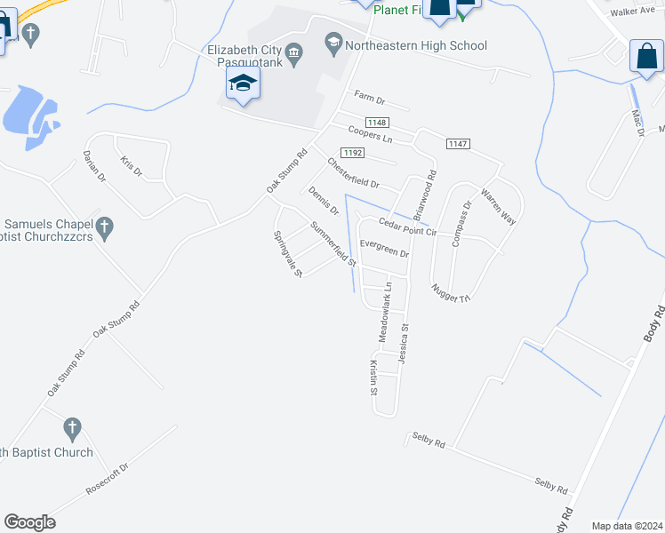 map of restaurants, bars, coffee shops, grocery stores, and more near 204 Springvale Street in Elizabeth City