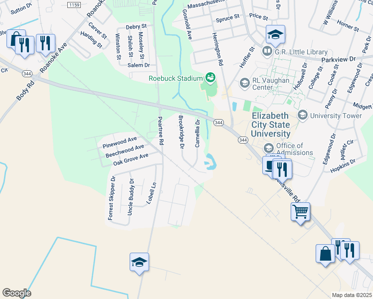 map of restaurants, bars, coffee shops, grocery stores, and more near 1612 Brookridge Drive in Elizabeth City