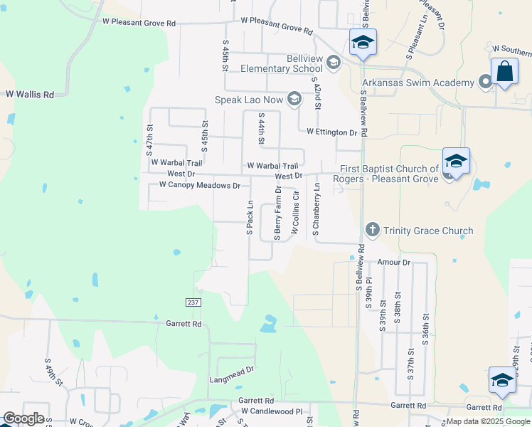 map of restaurants, bars, coffee shops, grocery stores, and more near 4512 West Blue Ray Circle in Rogers