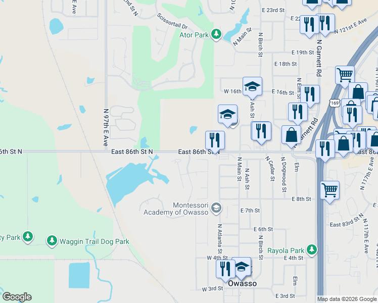 map of restaurants, bars, coffee shops, grocery stores, and more near 10101 East 86th Court North in Owasso