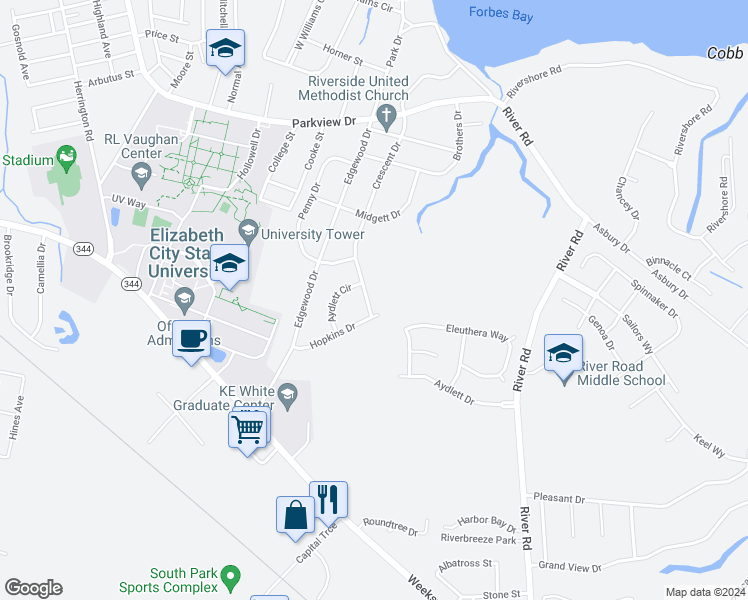map of restaurants, bars, coffee shops, grocery stores, and more near 1716 Crescent Drive in Elizabeth City