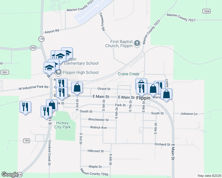 map of restaurants, bars, coffee shops, grocery stores, and more near 501-599 Girard Street in Flippin