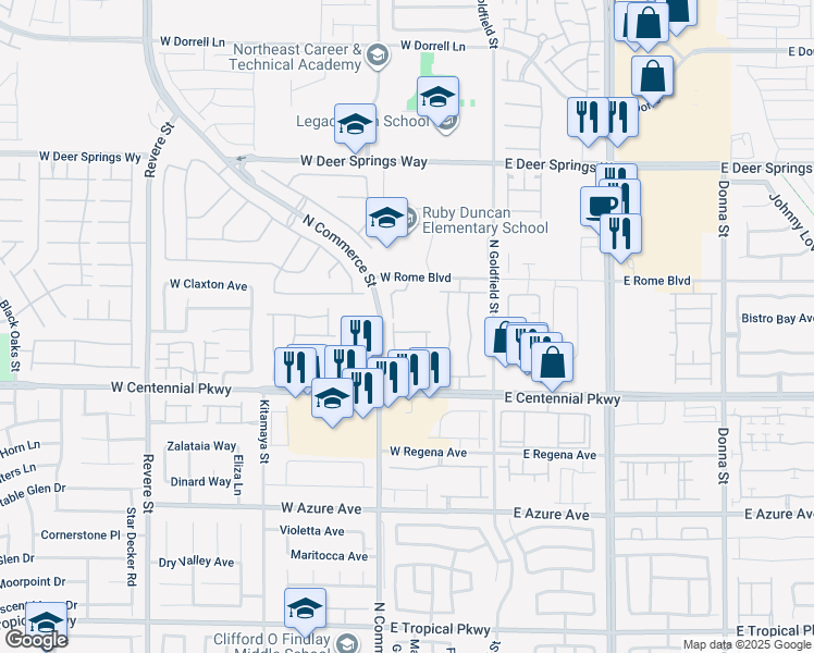 map of restaurants, bars, coffee shops, grocery stores, and more near 216 Frapuccino Avenue in North Las Vegas