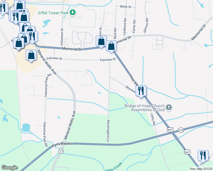map of restaurants, bars, coffee shops, grocery stores, and more near 81 Mockingbird Lane in Paris