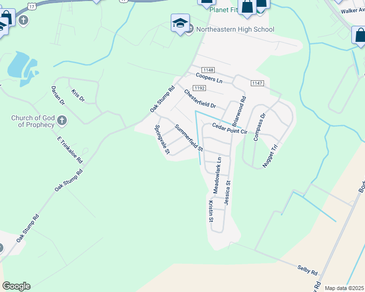 map of restaurants, bars, coffee shops, grocery stores, and more near 207 Springvale Street in Elizabeth City