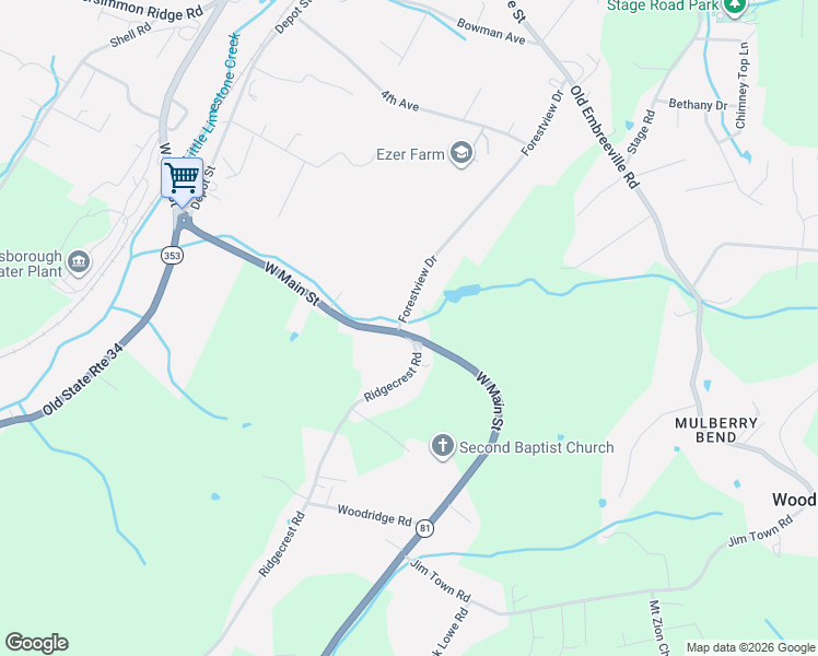 map of restaurants, bars, coffee shops, grocery stores, and more near 109 Forestview Drive in Jonesborough
