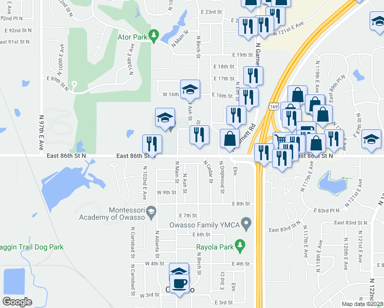 map of restaurants, bars, coffee shops, grocery stores, and more near 1220 Ash Place in Owasso
