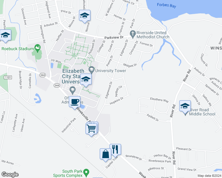map of restaurants, bars, coffee shops, grocery stores, and more near 1710 Edgewood Drive in Elizabeth City