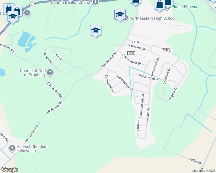 map of restaurants, bars, coffee shops, grocery stores, and more near 119 Springvale Street in Elizabeth City