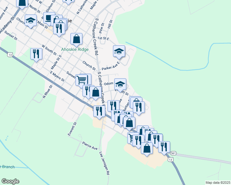map of restaurants, bars, coffee shops, grocery stores, and more near 519 Liberty Alley in Ahoskie