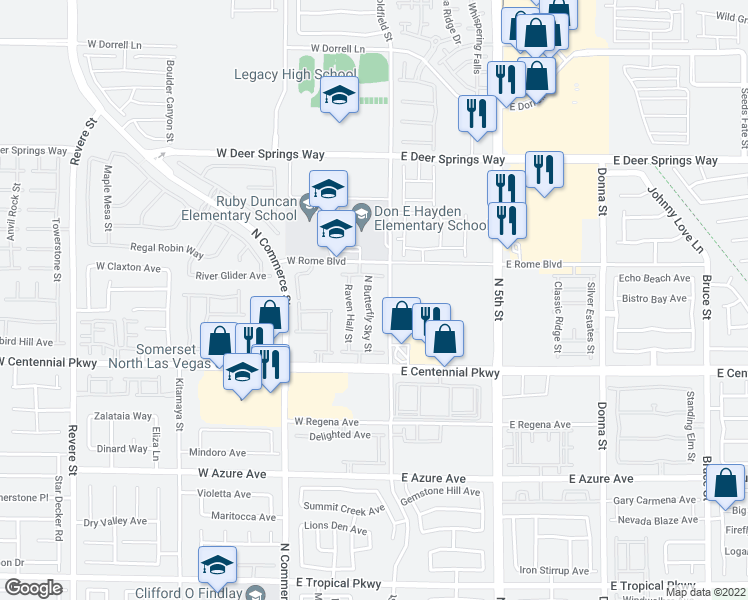 map of restaurants, bars, coffee shops, grocery stores, and more near 6520 North Butterfly Sky Street in North Las Vegas