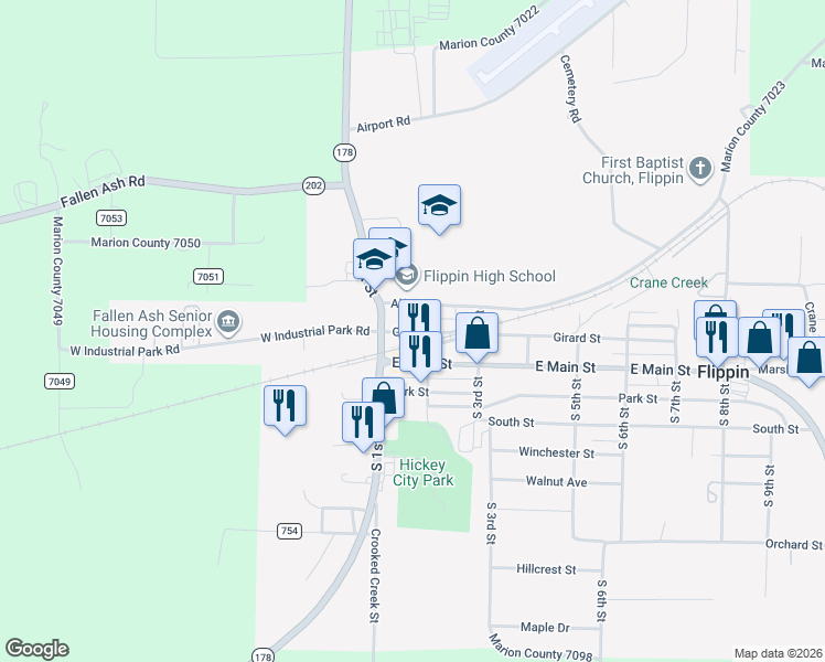 map of restaurants, bars, coffee shops, grocery stores, and more near 105 Girard Street in Flippin