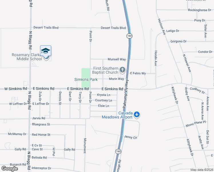 map of restaurants, bars, coffee shops, grocery stores, and more near 630 East Simkins Road in Pahrump