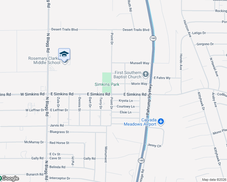 map of restaurants, bars, coffee shops, grocery stores, and more near 510 East Simkins Road in Pahrump