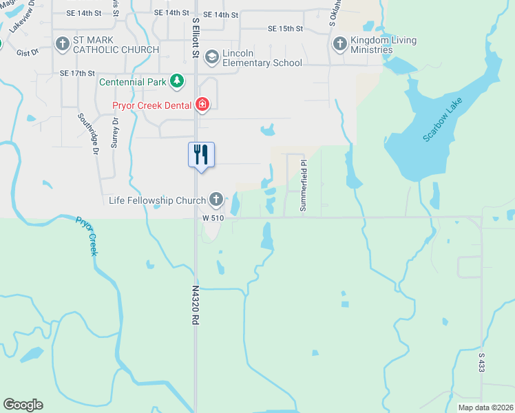map of restaurants, bars, coffee shops, grocery stores, and more near 1776 West 510 in Pryor