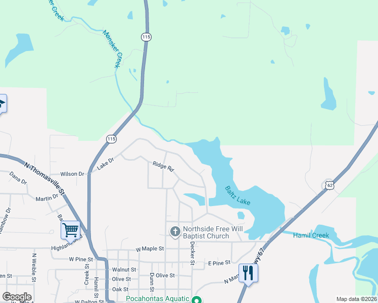 map of restaurants, bars, coffee shops, grocery stores, and more near 550 Lake Drive in Pocahontas