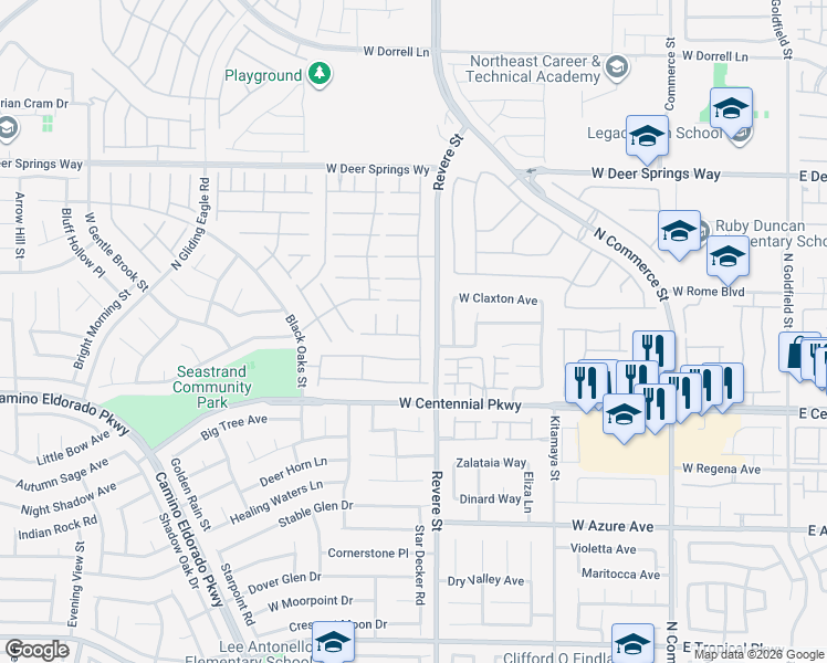 map of restaurants, bars, coffee shops, grocery stores, and more near 6513 Towerstone Street in North Las Vegas