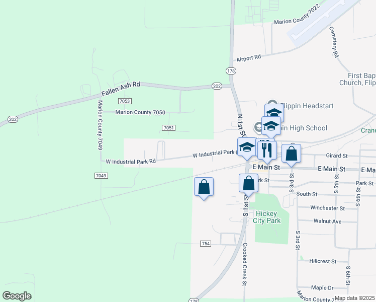 map of restaurants, bars, coffee shops, grocery stores, and more near 470 West Industrial Park Road in Flippin