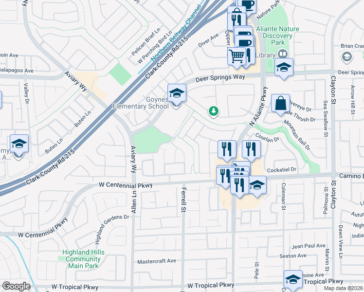 map of restaurants, bars, coffee shops, grocery stores, and more near 6533 Birdhouse Street in North Las Vegas