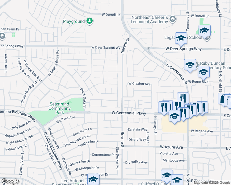 map of restaurants, bars, coffee shops, grocery stores, and more near 6513 Towerstone Street in North Las Vegas