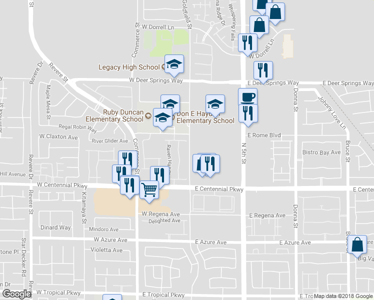 map of restaurants, bars, coffee shops, grocery stores, and more near 6531 Goldfield Street in North Las Vegas