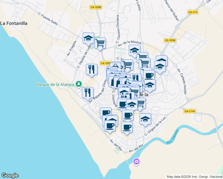 map of restaurants, bars, coffee shops, grocery stores, and more near 2 Calle la Prensa in Conil de la Frontera