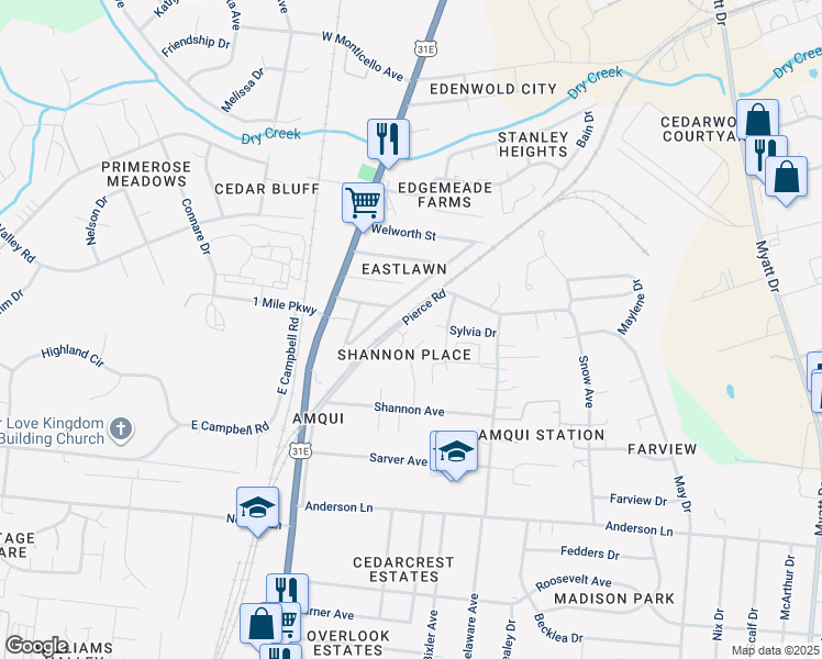 map of restaurants, bars, coffee shops, grocery stores, and more near 1315 Pierce Road in Nashville