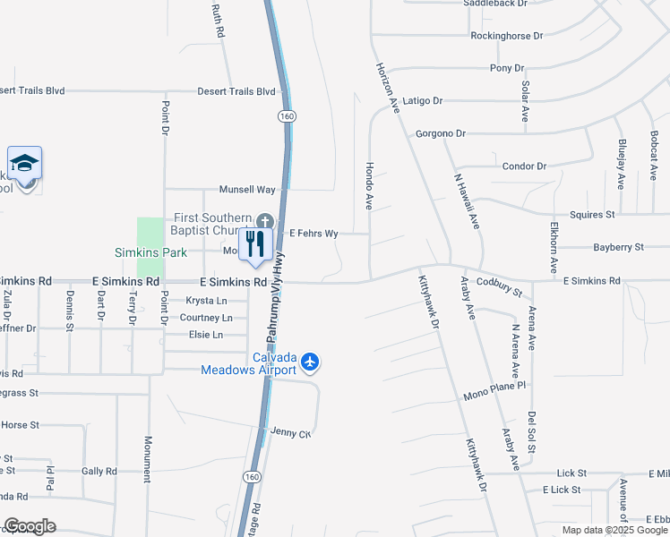 map of restaurants, bars, coffee shops, grocery stores, and more near 900 East Simkins Road in Pahrump