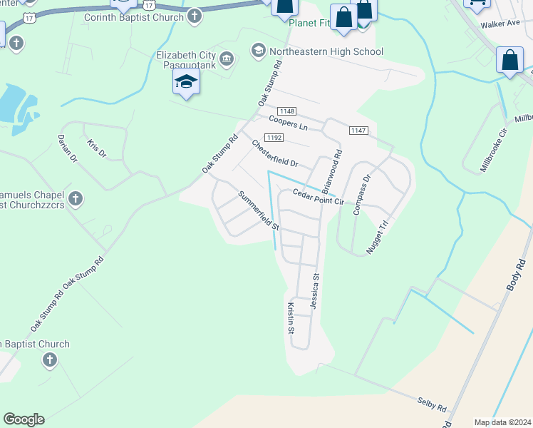 map of restaurants, bars, coffee shops, grocery stores, and more near 134 Summerfield Street in Elizabeth City