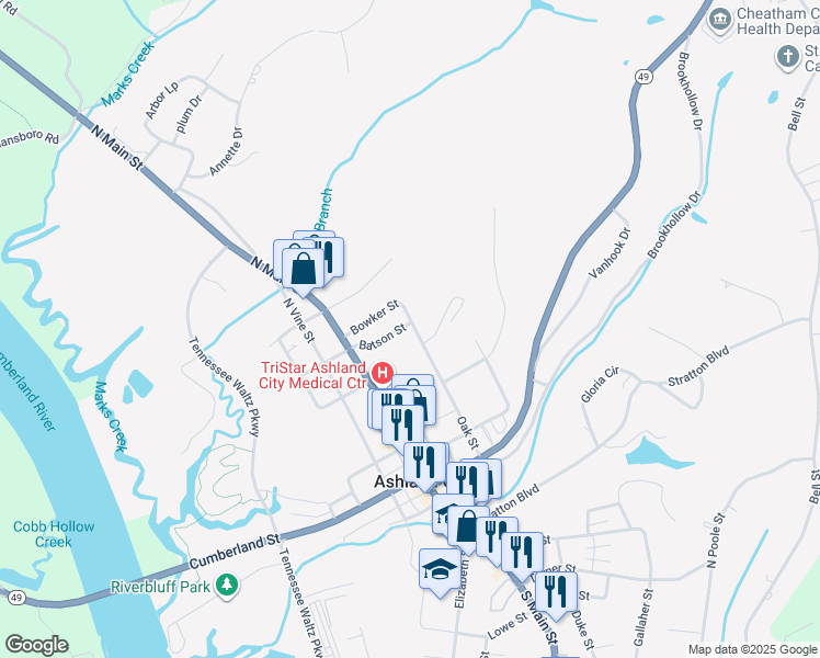 map of restaurants, bars, coffee shops, grocery stores, and more near 122 Batson Street in Ashland City