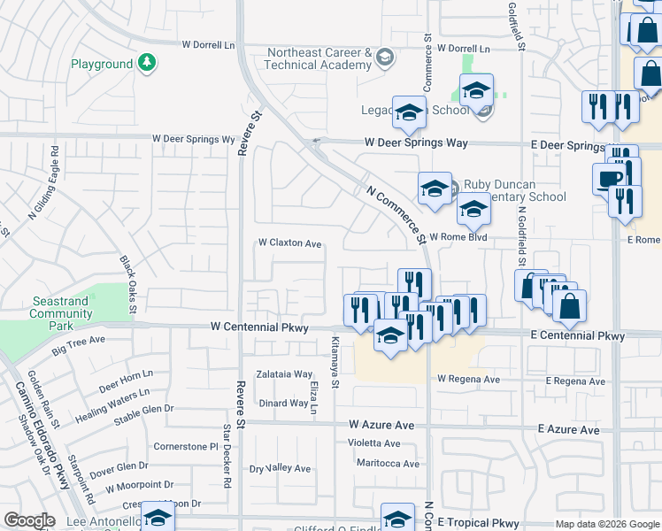 map of restaurants, bars, coffee shops, grocery stores, and more near 6520 North Point Break Street in North Las Vegas