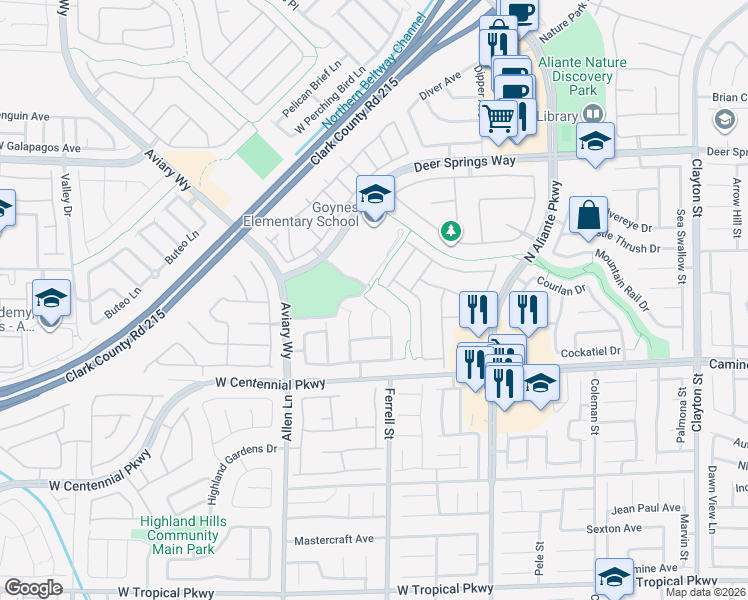 map of restaurants, bars, coffee shops, grocery stores, and more near 6533 Birdhouse Street in North Las Vegas