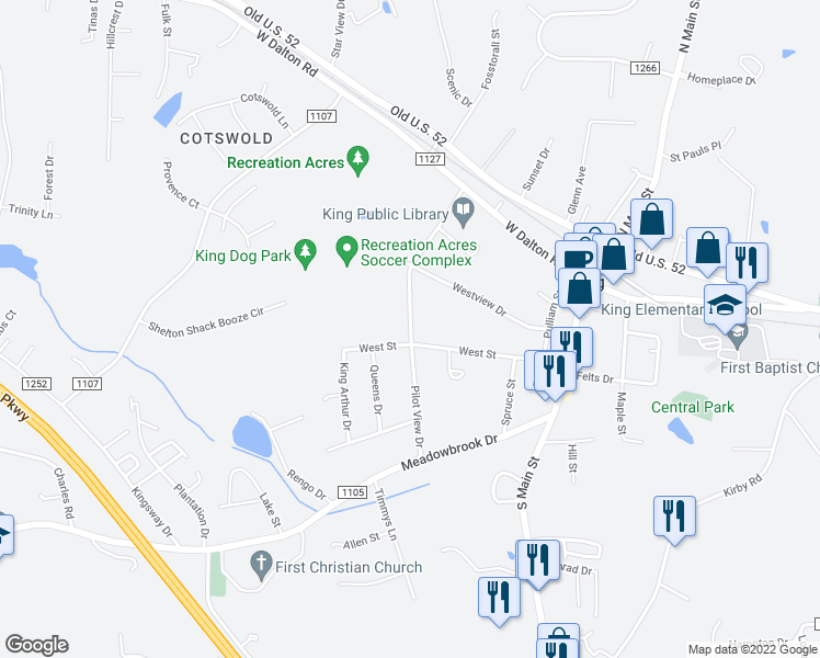 map of restaurants, bars, coffee shops, grocery stores, and more near 225 Pilot View Drive in King