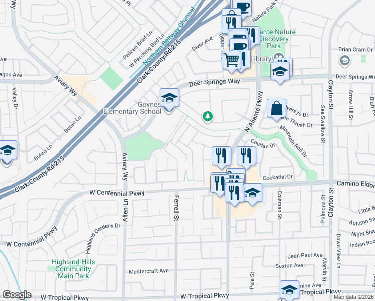 map of restaurants, bars, coffee shops, grocery stores, and more near 3105 Grass Sparrow Drive in North Las Vegas
